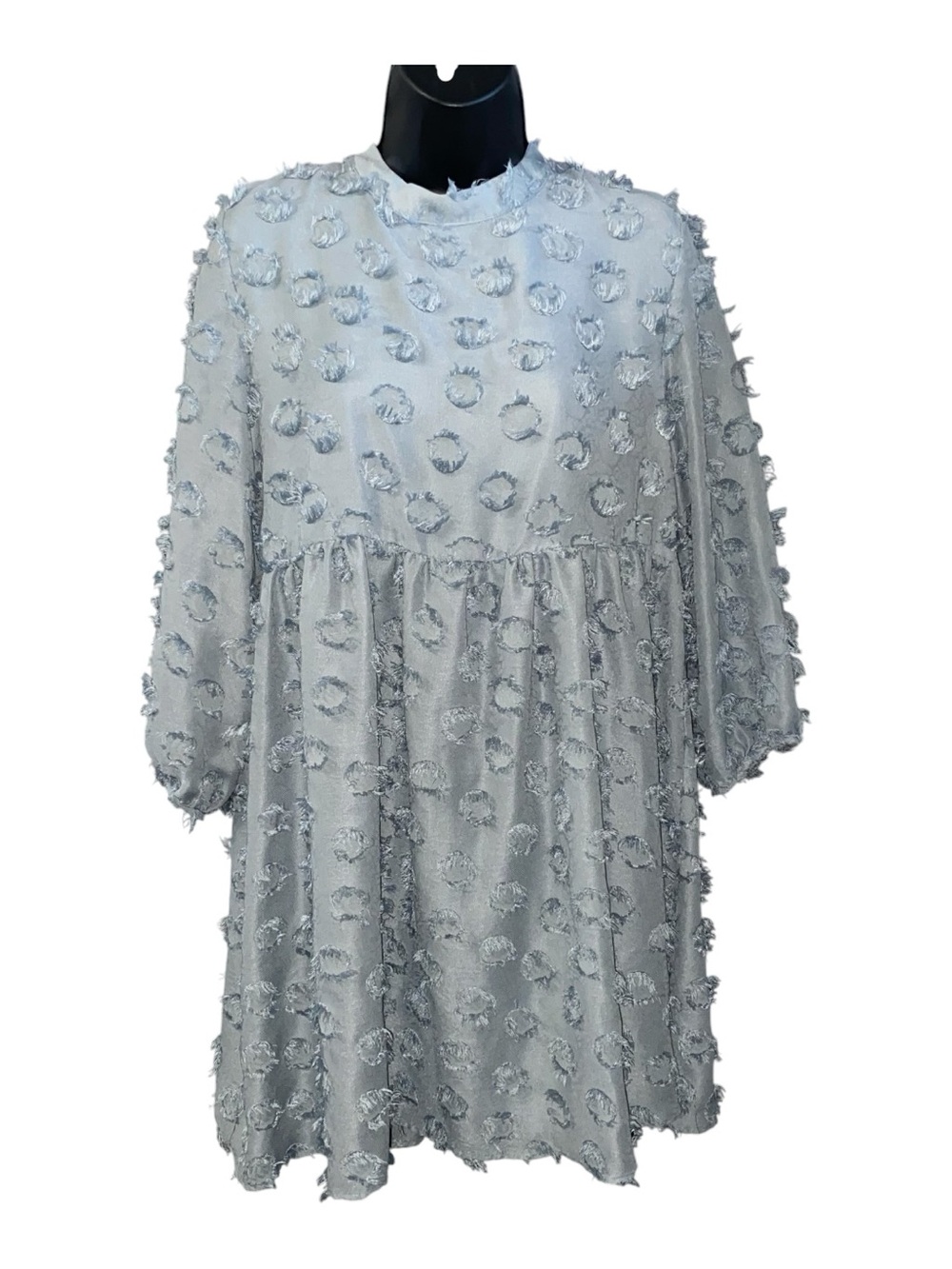 Zara Women's Blue Gray Pom Pom Fringe Babydoll Size Medium Mini Dress Hoilday